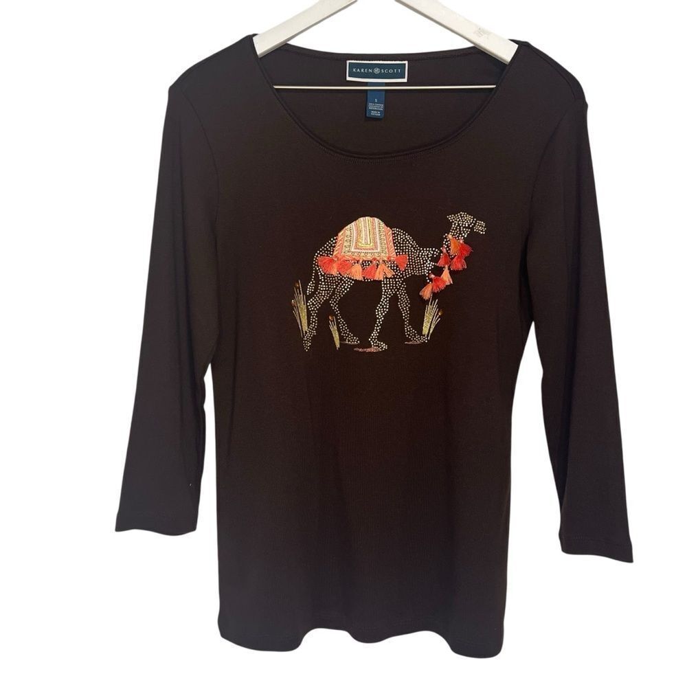 NWT Karen Scott Camel Graphic T-Shirt Top size Small Brown 3/4 Sleeve Cotton